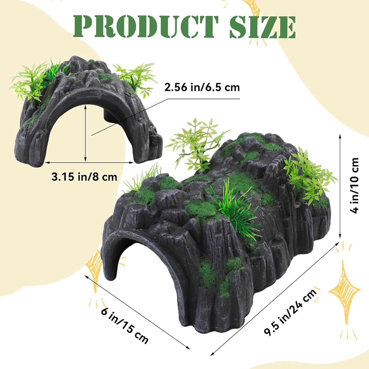 Fish Tank Hideout Cave Decor,Resin Rock Mountain Tunnel with Moss Plants Betta Cichlid Habitat Shelter for Aquarium Fish Tank Accessories 9.5 x 6 x 4 Inch