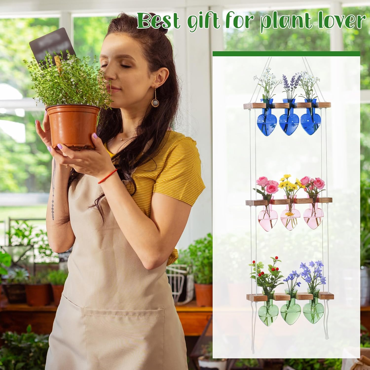 Leinuosen Plant Hanging Propagation Station Wall Hanging Planters Terrarium with 3 Tiered Wooden Stands for Home Garden Decor Hydroponics Plant Lovers Gifts- 9 Glass Vases(Heart Shaped,Multicolor)