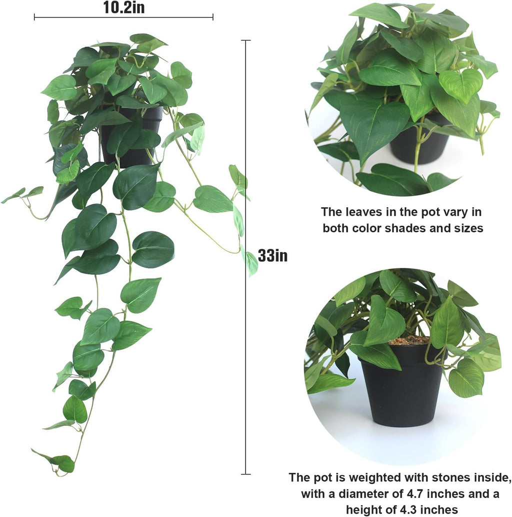 alyptus Fake Pothos Hanging Plants – 33" Set of 2 Faux Ivy Vines with Pots, Realistic Silk Devil’s Ivy for Indoor Décor, Low Maintenance Artificial Greenery for Home or Office (Green)
