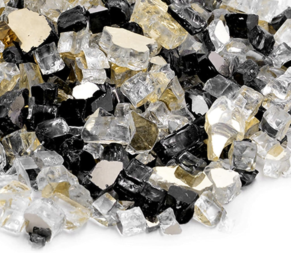 Skyflame 10-Pound Blended Fire Glass for Fire Pit Fireplace Landscaping - 1/2 Inch Reflective Tempered Fireglass Onyx Black, Platinum, Gold