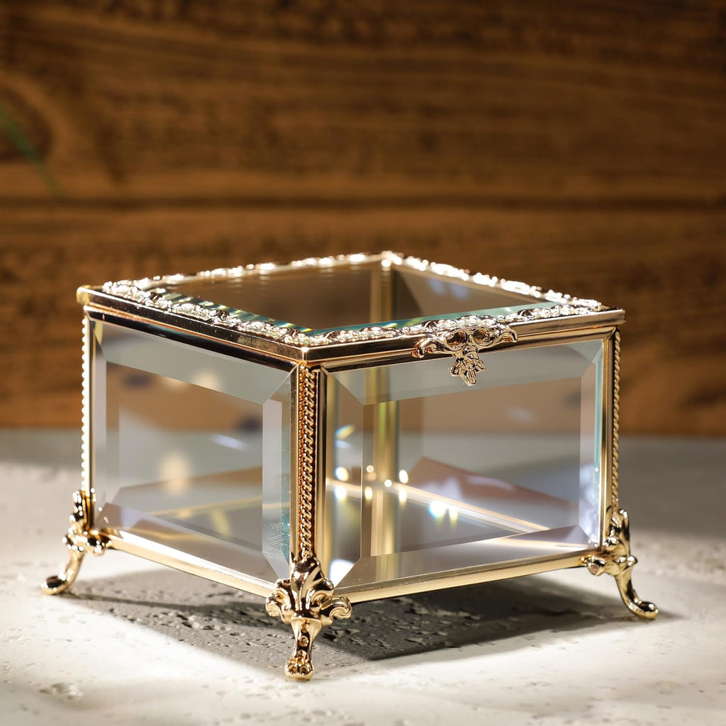 Glass Vintage Jewelry Box Keepsake storage Trinket Ring Display Box Home Decor Beveled Clear Glass Box Organizer(4.6x4.6x3.2Inches)