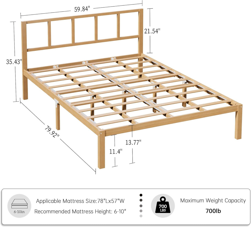 14 Inch Bamboo Bed Frame – Queen Size Solid Wood Platform Bed Frame, with Non-Slip Slats for Support, No Box Spring Needed, Easy to Assemble, Noise-Free (Natural with Headboard, Queen)