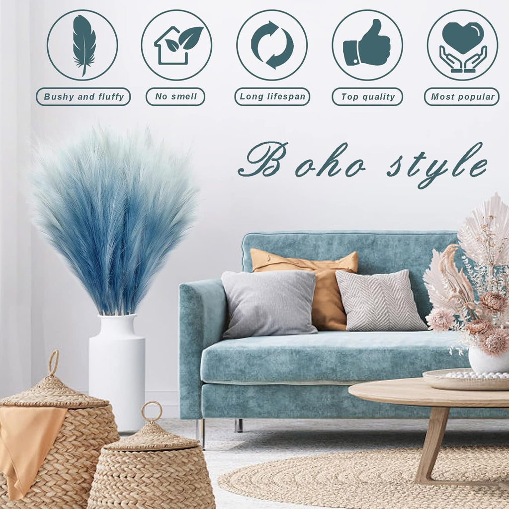 KALYLOC 8Pcs 35.4” Blue Colorful Faux Pampas Grass, Fluffy Artificial Bulrush Branches Boho Decor, Filler Tall Pampas Grass Reed Fluffy Stems for Living Room Wedding Decoration