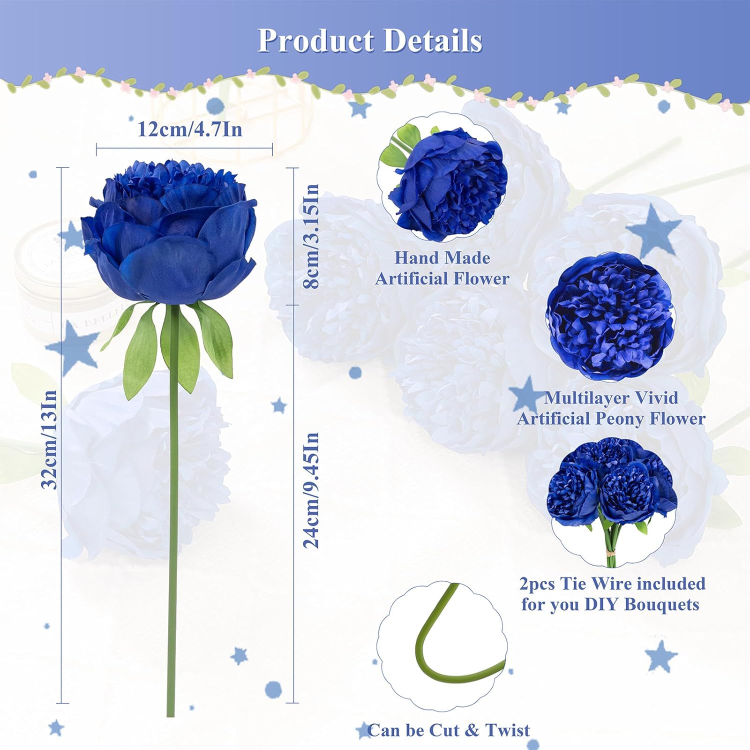U'Artlines Artificial Peony Silk Flower with Stems 10pcs Real Look Vintage Peonies for Home Wedding Decoration (Navy Blue)