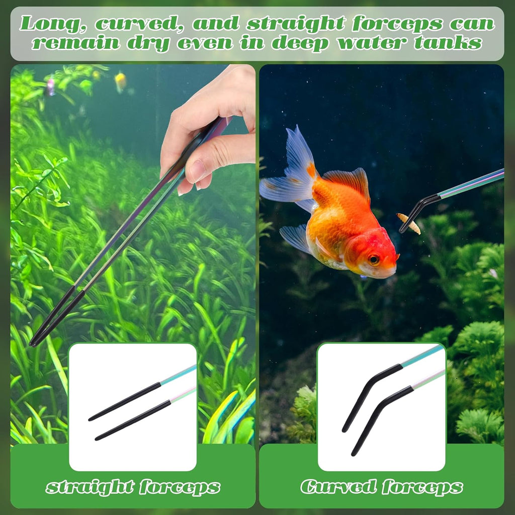 2 Pcs Stainless Steel Reptile Feeding Tongs with Rubber Tip, Straight Curved Tweezers, Aquarium Tweezers, Feeder Tools for Bearded Dragon, Lizards, Terrarium Supplies (10.6 Inch, Color)