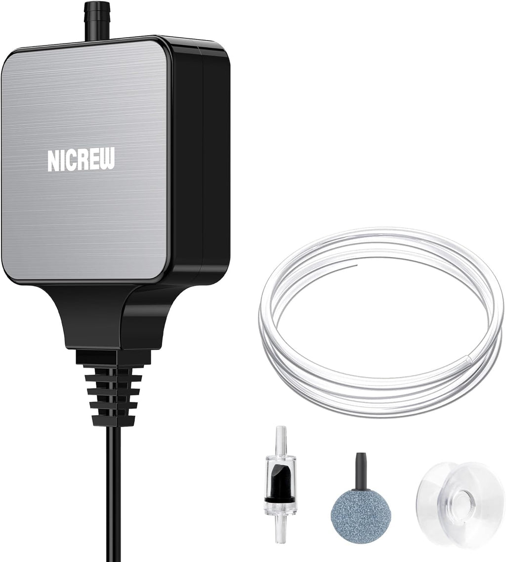 NICREW Nano Silent Aquarium Air Pump Black, Aquarium Aerator with Accessories for Up to 10 Gallon Fish Tank, Super Quiet, 0.3 L/min, 1.5 Watts