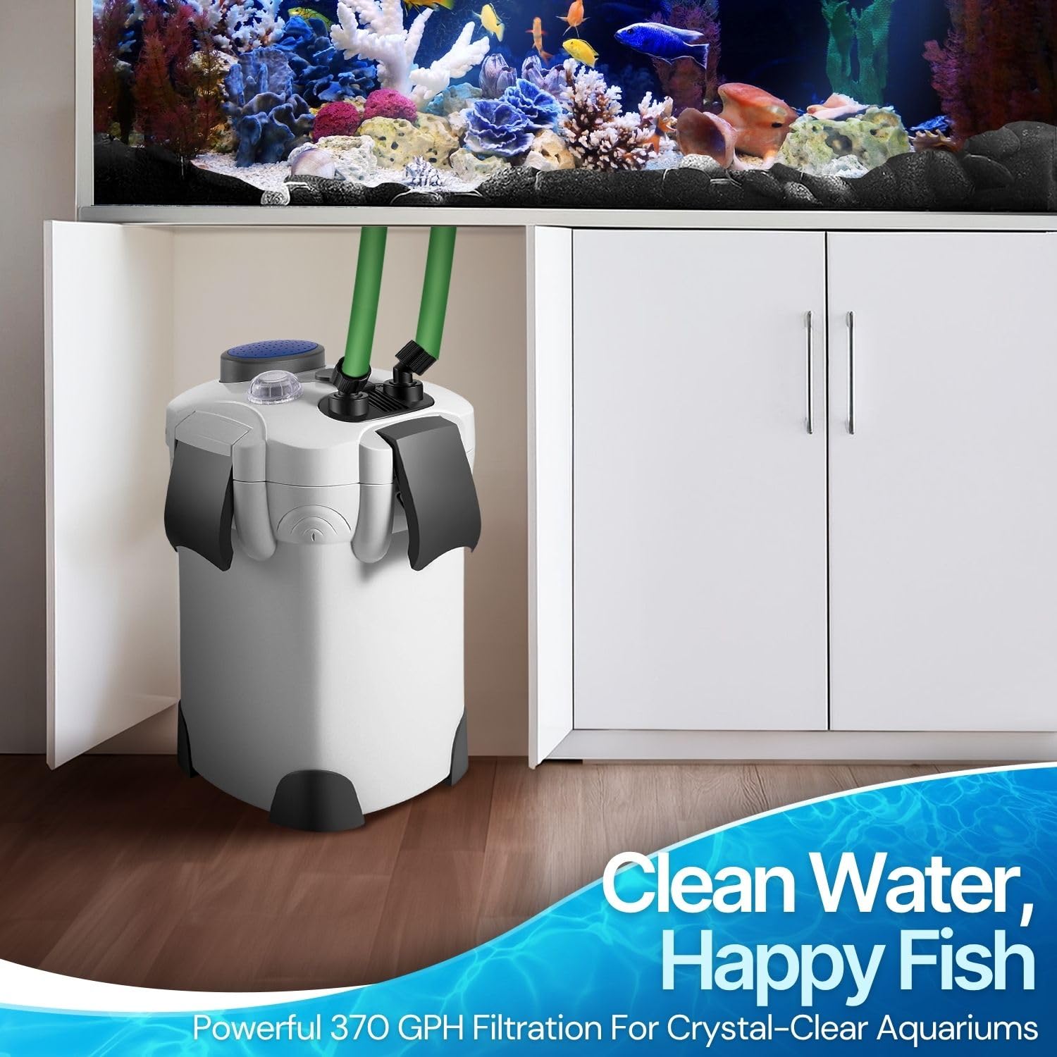 Flexzion Aquarium Canister Filter with 525GPH Flow Rate, UV-C Lamp, Spray Bar, & 3-Stage Media Filtration for up to 100 Gallon Fish Tanks - Ultra-Quiet External Canister Filters for Aquarium