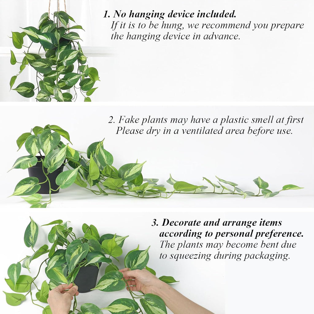 Realistic Artificial Pothos Vines with Pots - Fake Hanging Plants for Indoor Decor, Low Maintenance Silk Faux Greenery(2 PCS)