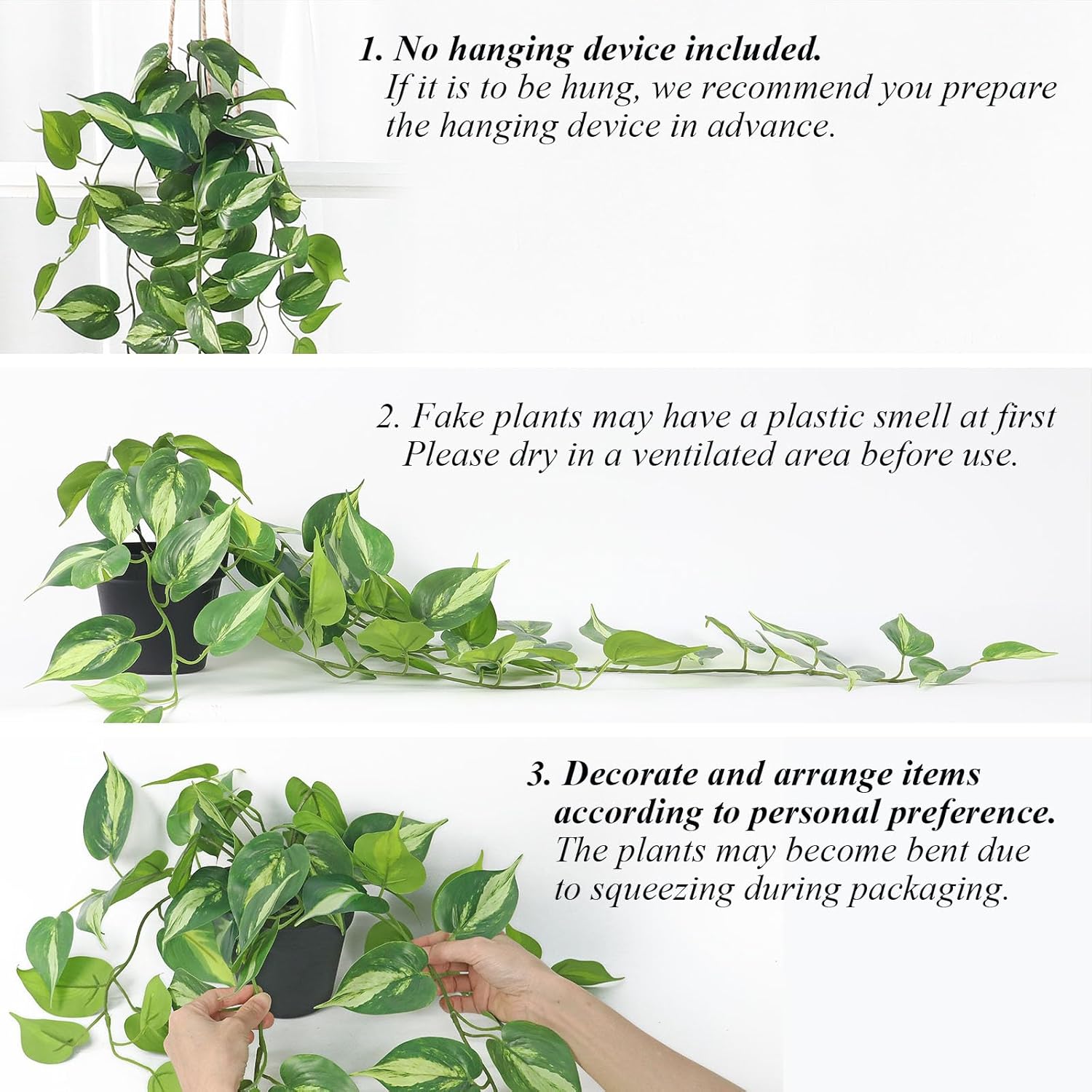Realistic Artificial Pothos Vines with Pots - Fake Hanging Plants for Indoor Decor, Low Maintenance Silk Faux Greenery(2 PCS)