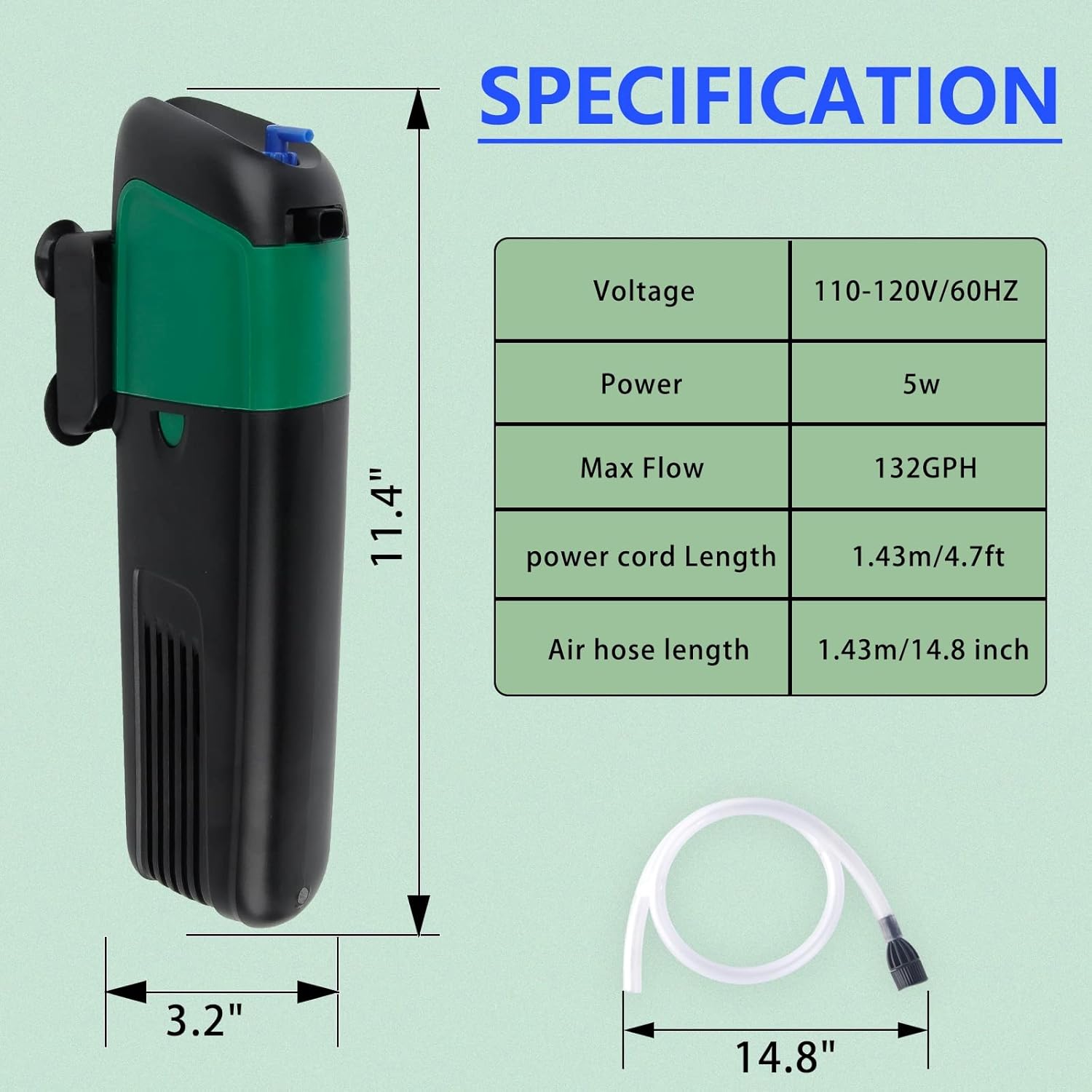 FREESEA Aquarium Power Filter Pump: 5 Watt Internal Filter Increase Oxygen 4 in 1 Pump | 132 GPH for Up to 150 Gallon