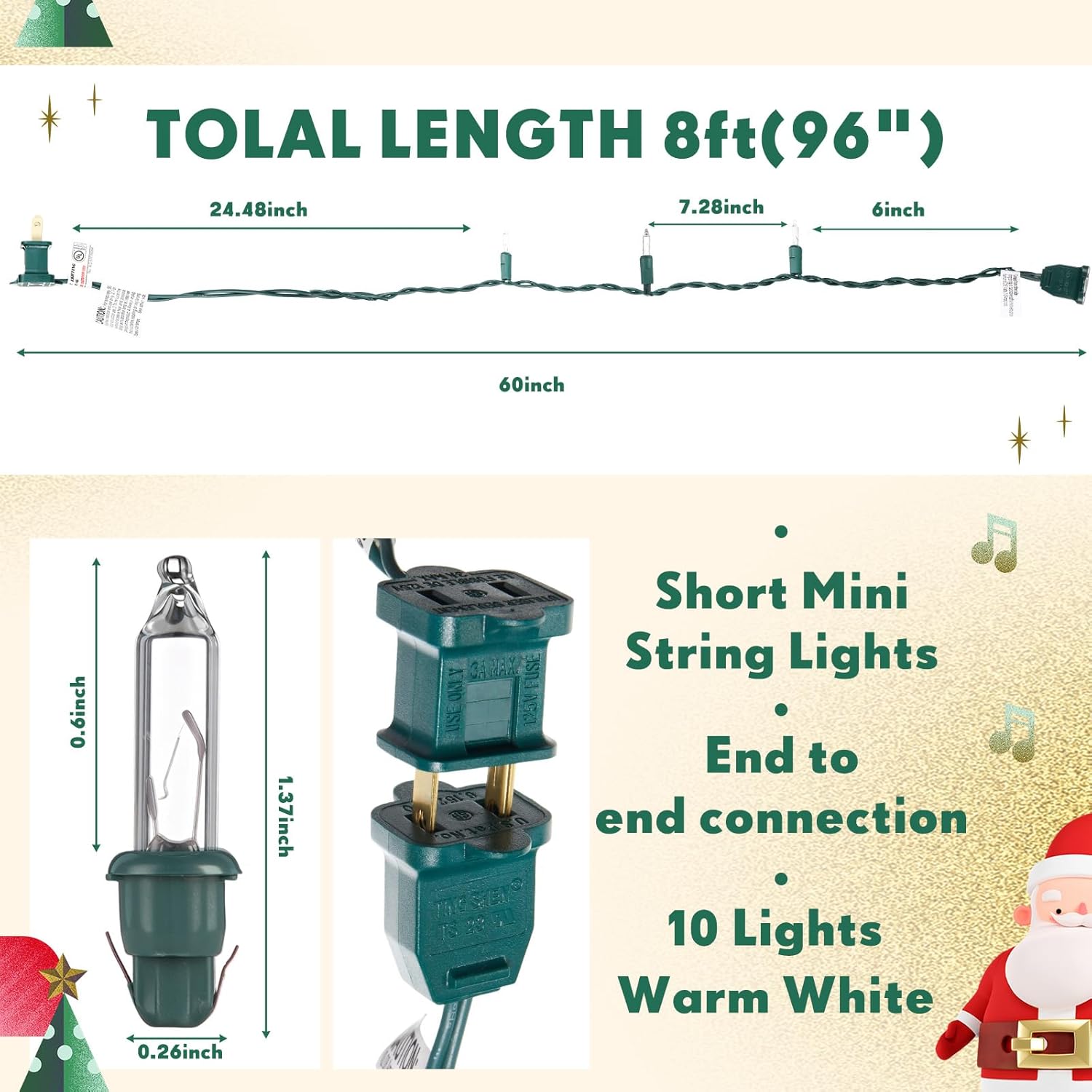 Mini Christmas Lights String Warm White Vintage Short Strand String Lights, Clear Bulbs Wire Fit Light up Christmas Decorations(10 Bulbs Connectable,8ft,Green)