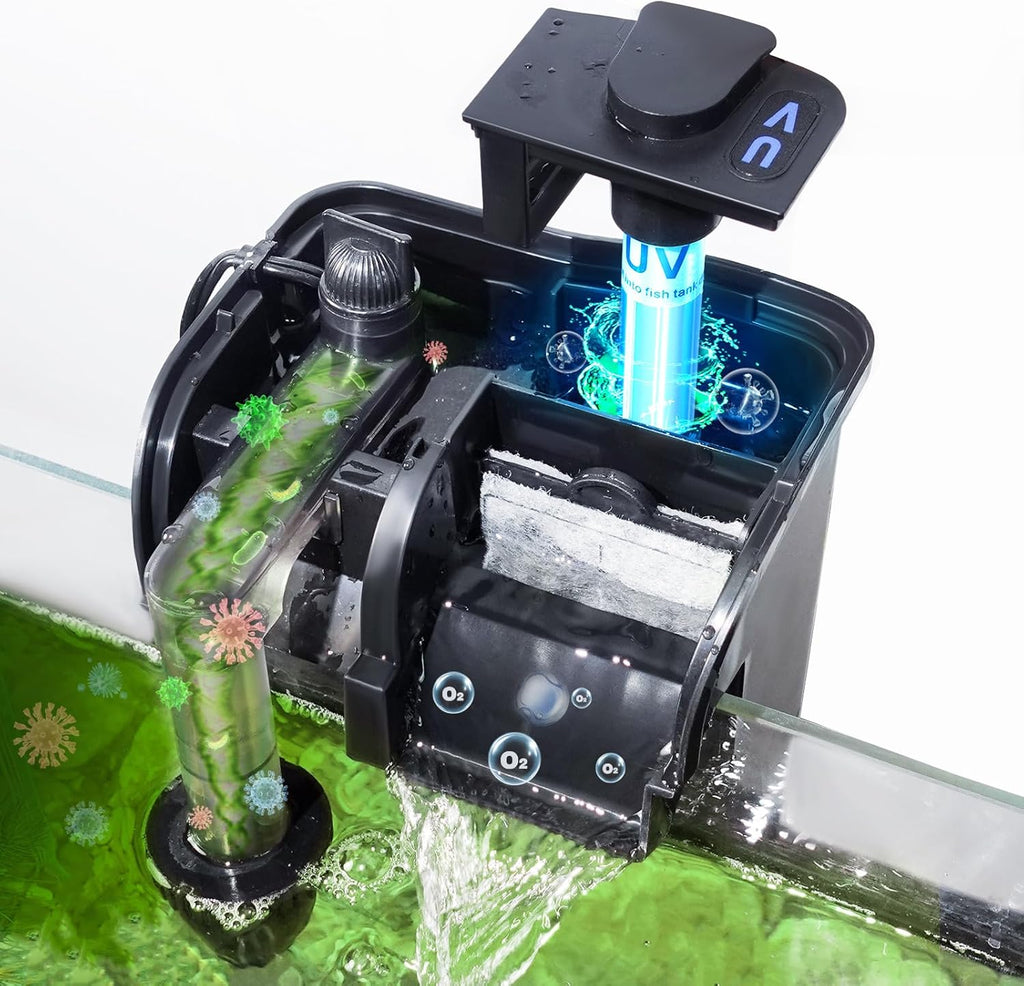 Hang on Back Aquarium Filter 158GPH for 20-40 Gal. Fish Tank, w/ Detachable U-V Light &Surface Skimmer, 4-Stage Suspension Oxygen Deodorization Saltwater Freshwater Crystal Clear Green Clean Machine