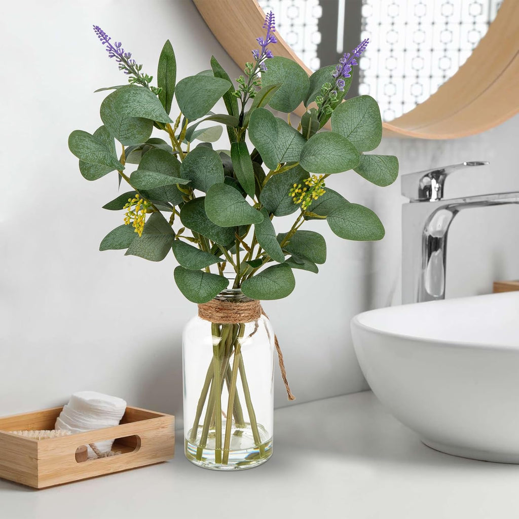 Briful Artificial Eucalyptus Stems in Glass Vase with Faux Water, 14" Fake Plant Eucalyptus with Lavender for Home Office Farmhouse Wedding Centerpiece Bathroom Décor