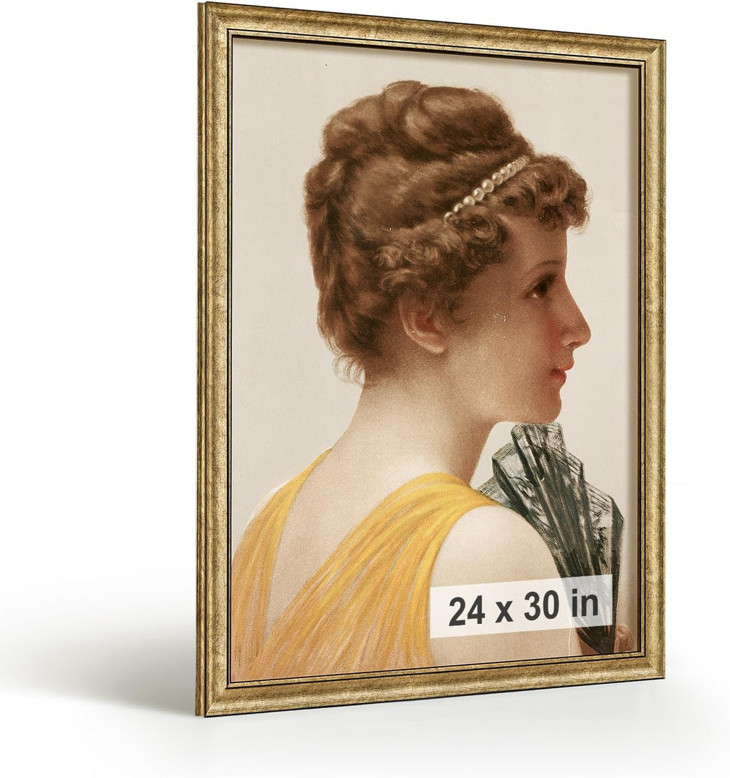 HLiWEGNS Antique Gold 24x30 Frame – Poster Frame with Aged Gold Finish – Picture Frame for 24 x 30 Artwork, Canvas Prints, Puzzles, and Wall Decor