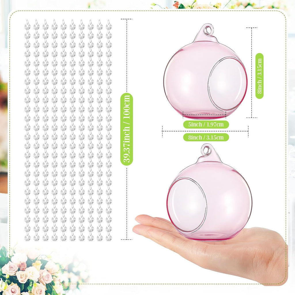 3.15'' Pink Hanging Glass Tealight Holder Globe and Clear K9 Crystal Garland Strands, Hanging Glass Terrarium Containers for Wedding Party Tree Decoration(17 Pcs)
