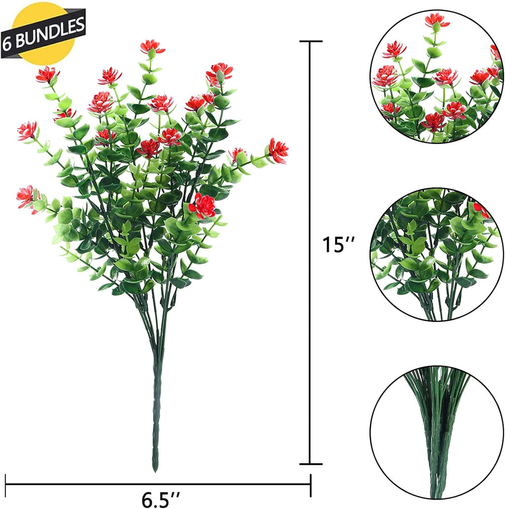 GREENRAIN Artificial Flowers Outdoor Fake Flowers for Decoration UV Resistant No Fade Faux Plastic Plants Garden Porch Window Box Décor (6 Bundles, 6#Red)