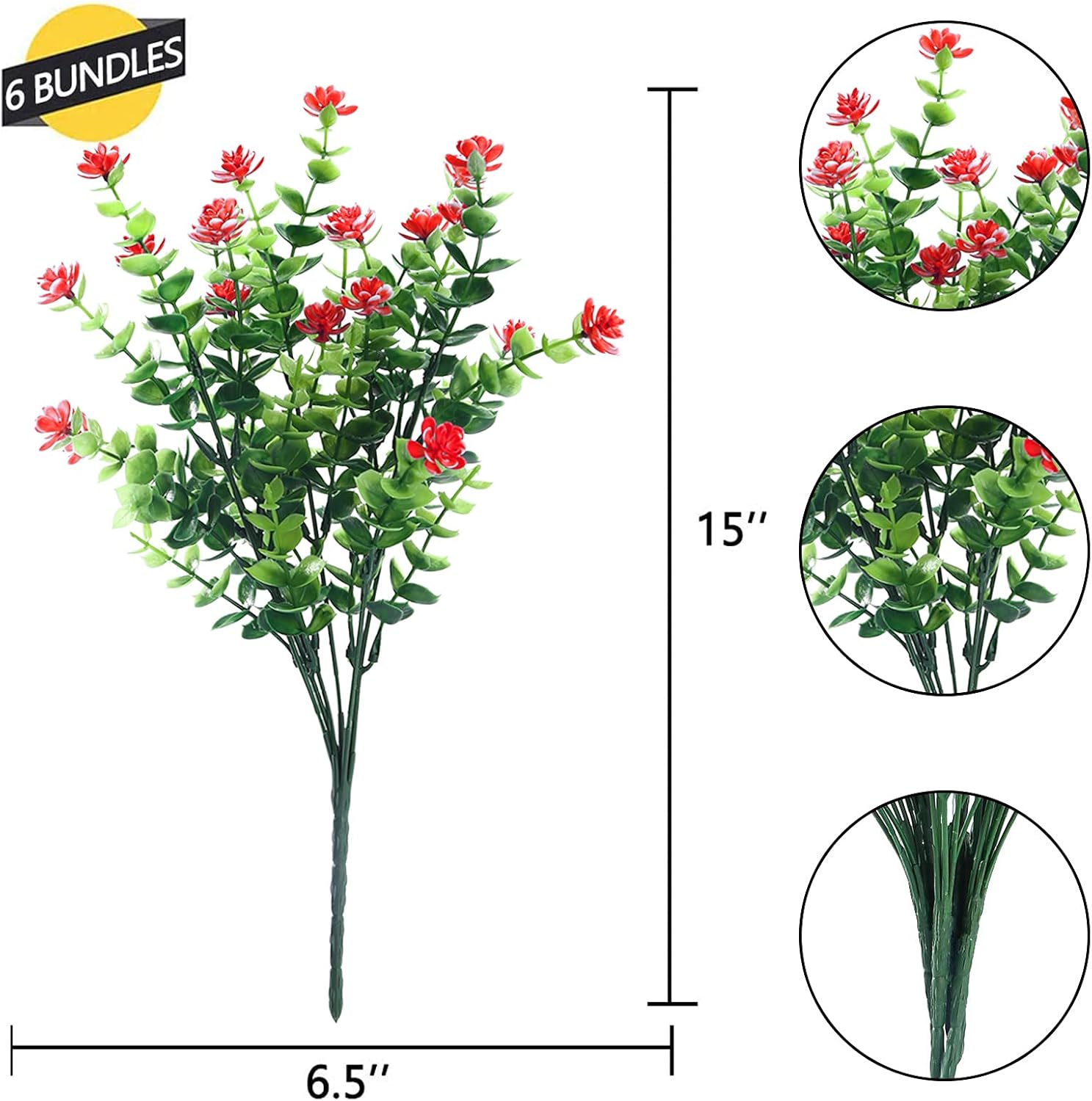 GREENRAIN Artificial Flowers Outdoor Fake Flowers for Decoration UV Resistant No Fade Faux Plastic Plants Garden Porch Window Box Décor (6 Bundles, 6#Red)