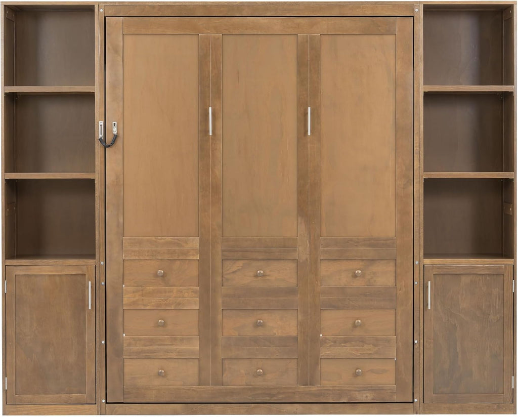 MERITLINE Queen Farmhouse Murphy Bed with Storage Bookcase Shelves and Cabinets, Solid Wood Foldable Hidden Vertical Murphy Wall Bed with Storage for Adults