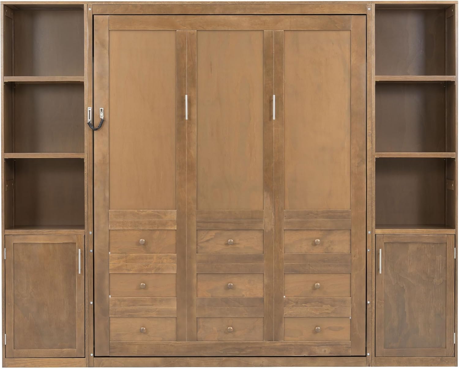 MERITLINE Queen Farmhouse Murphy Bed with Storage Bookcase Shelves and Cabinets, Solid Wood Foldable Hidden Vertical Murphy Wall Bed with Storage for Adults