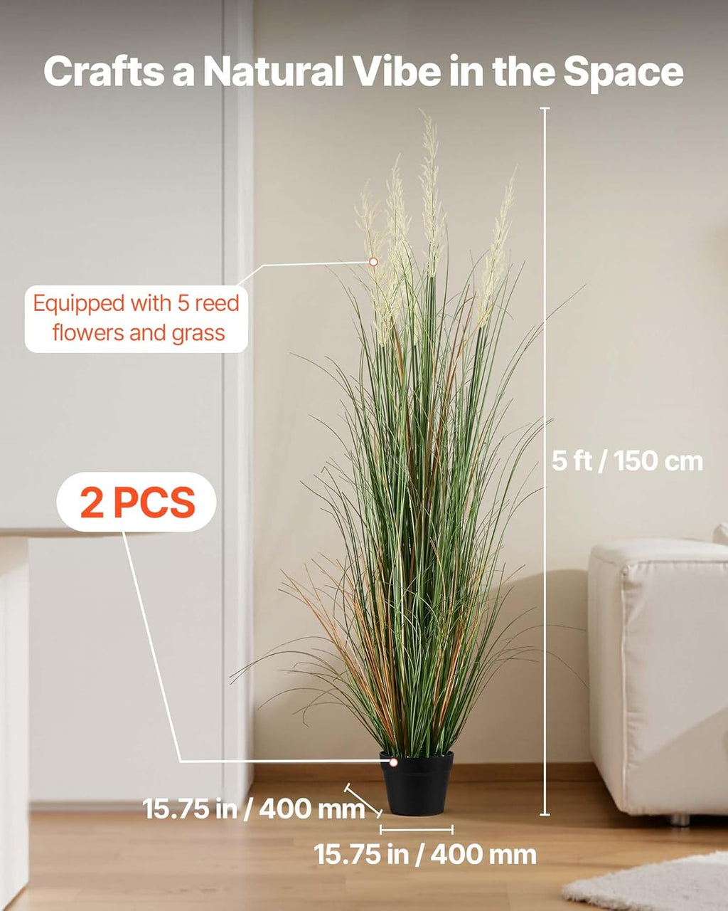 VEVOR Artificial Grass Plant, 2 Pack 59 inch Faux Reed Flower Grass in Pot, Premium PVC Fake Greenery Shrubs Plant for Indoor Outdoor House Home Garden Office Room Décor, Housewarming, Green