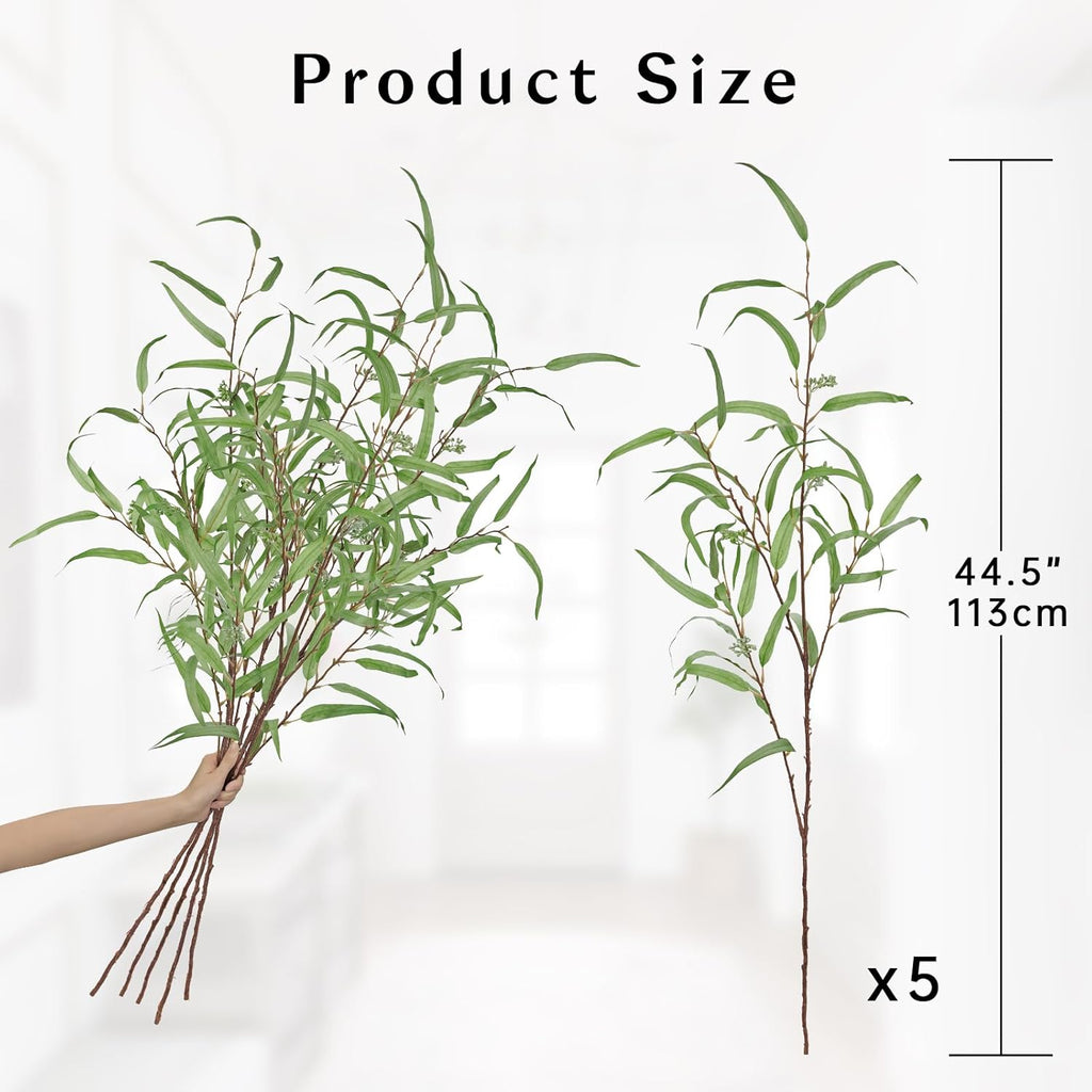 Briful 44.5’’ Tall Faux Eucalyptus Stems – Realistic Artificial Greenery Stems 5PCS Seeded Willow Eucalyptus Stems Brown Branches for Home, Office, Wedding, Bouquet, Centerpiece, Christmas Decoration