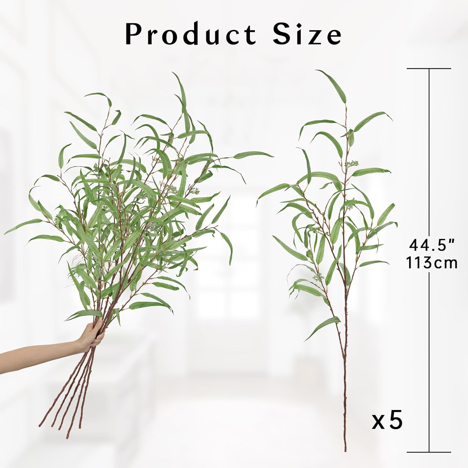 Briful 44.5’’ Tall Faux Eucalyptus Stems – Realistic Artificial Greenery Stems 5PCS Seeded Willow Eucalyptus Stems Brown Branches for Home, Office, Wedding, Bouquet, Centerpiece, Christmas Decoration