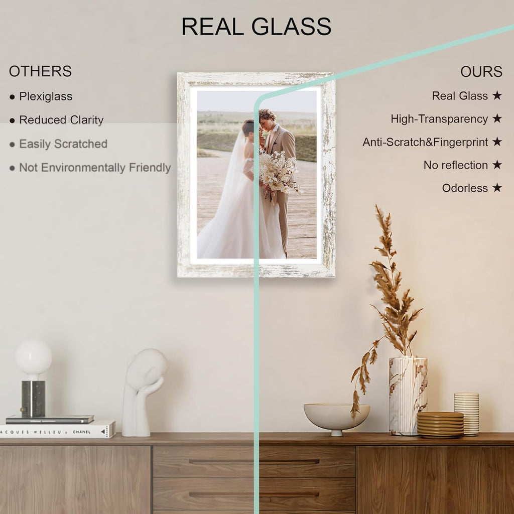 11x15 Picture Frame Set of 4, Made of Real Glass and Distressed White Frame - Display Picture 10x14 with Mat or 11x15 Without Mat, 11 by 15 Photo for Wall Mounting