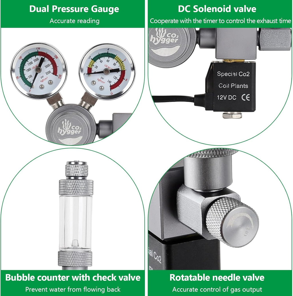 Aquarium Co2 Regulator, Dual Gauge Accurate Display, with 12V DC Solenoid Valve, Bubble Counter and Check Valve,for Establishing CO2 System in Aquatic Plant Tank