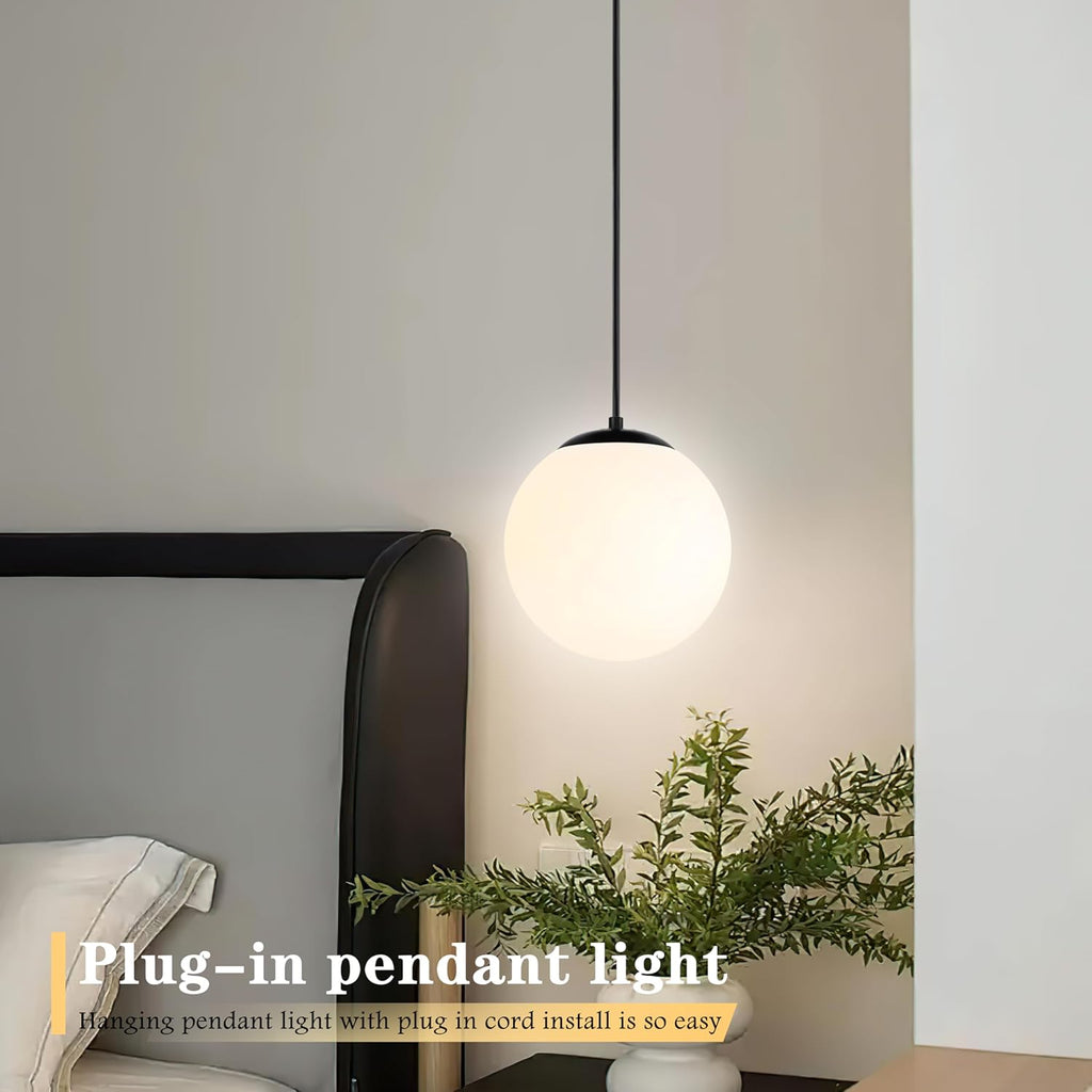 KoKo&Yukina 8" Globe Pendant Light Black Plug in Pendant Light Adjustable Hanging Lights with Plug in Cord Matte Black Finished with Milk Glass Lampshade for Bedroom Kitchen Island（Bulb Included）