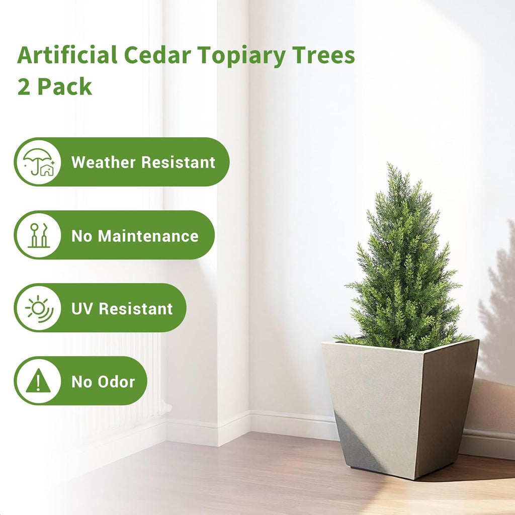 3FT Artificial Cedar Christmas Topiary Trees Set of 2 - Realistic Faux Cypress Plants UV Resistant for Outdoor Planter, Fake Bushes & Shrubs for Porch Front Door Outside UV Rated, 3 Feet Tall, 2 Pack
