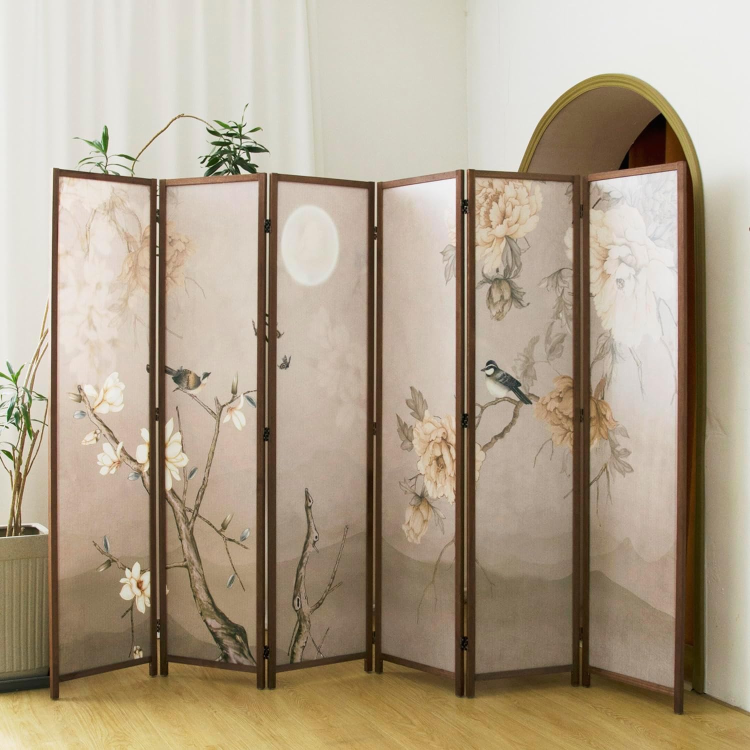 6 Panel Room Divider Folding Privacy Screen,5.6 FT Tall Double Faced Panel Screen,Blackout Panel Divider for Room Seperation,Flower and Bird