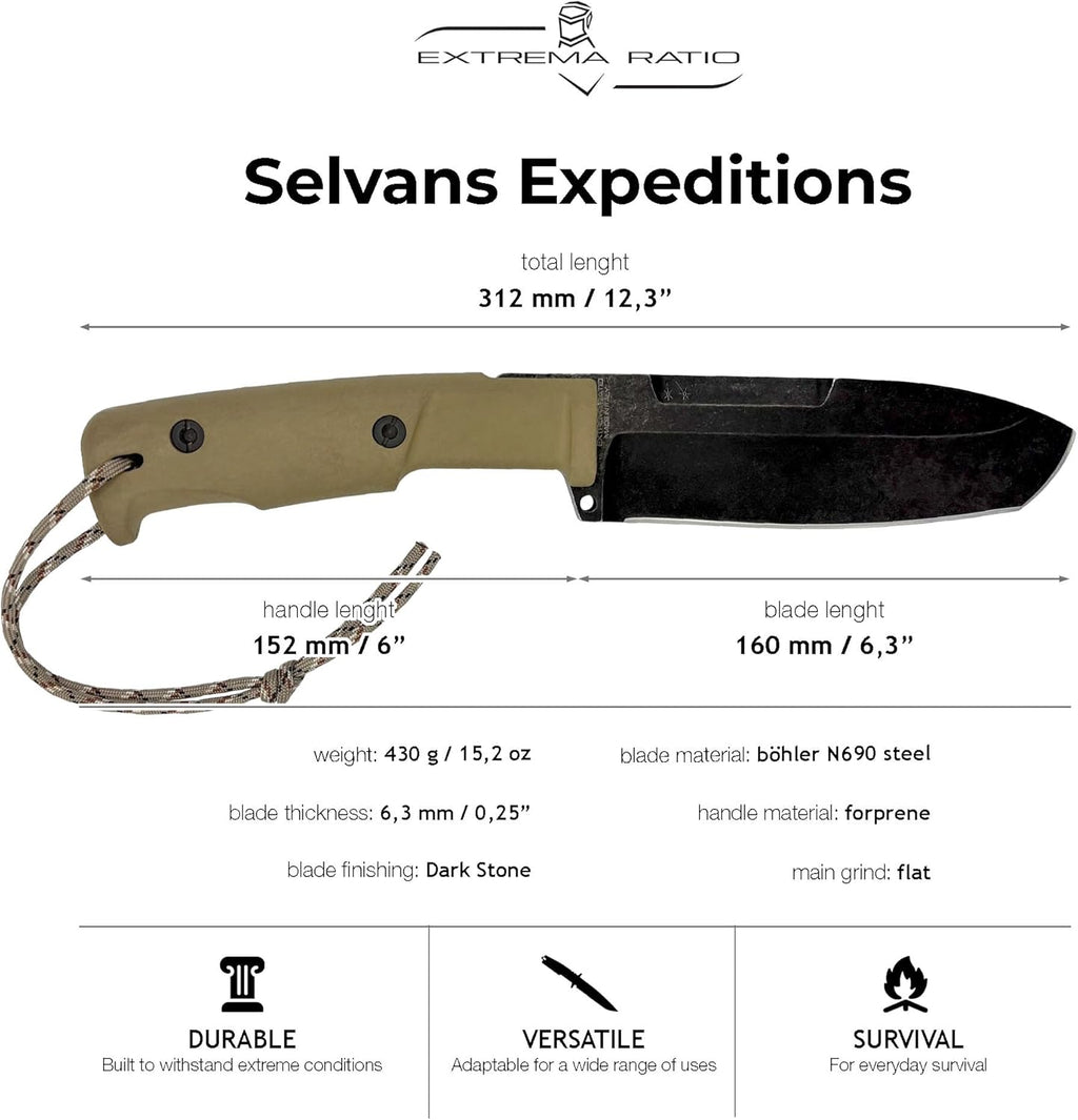 Extrema Ratio - Selvans Expeditions (Desert) Fixed Blade Knife, Böhler N690 Steel Blade Hardened to 58 HRC, Dark Stone Finish, Full-Tang Design, Ergonomic Forprene Handle, Handcrafted in Italy, Heavy-Duty Outdoor Knife