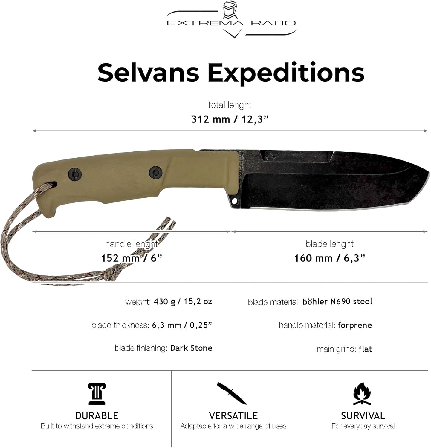 Extrema Ratio - Selvans Expeditions (Desert) Fixed Blade Knife, Böhler N690 Steel Blade Hardened to 58 HRC, Dark Stone Finish, Full-Tang Design, Ergonomic Forprene Handle, Handcrafted in Italy, Heavy-Duty Outdoor Knife