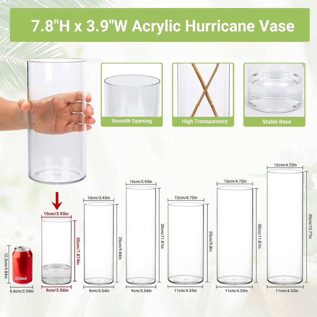SUREAM Vases for Centerpieces, 7.8 Inch Tall Flower Vase, Plastic Vases for Flowers, Clear Cylinder Wide Vase for Wedding Centerpieces, Home Decorations, Office Organization, Candle Holders