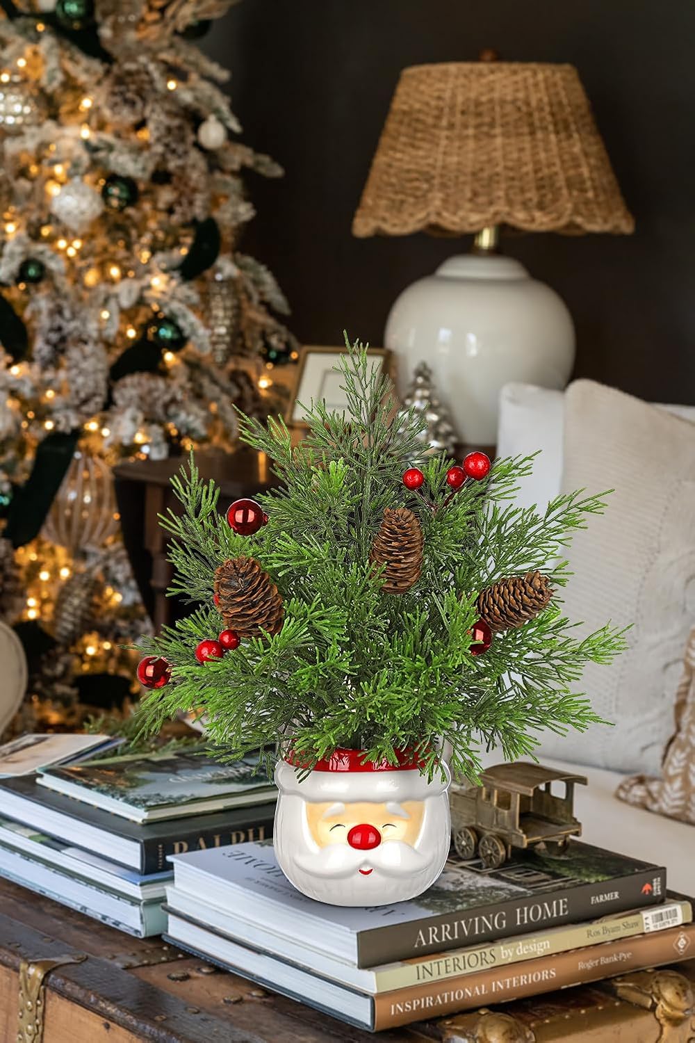 Hollyone Small Christmas Tree Cedar 10" Tabletop Snowman Potted Plants with Vase Artificial Mini Xmas Tree Decorations Plant with Christmas Ball Ornaments Berries Pine Cones Slim Tree Party Home Decor