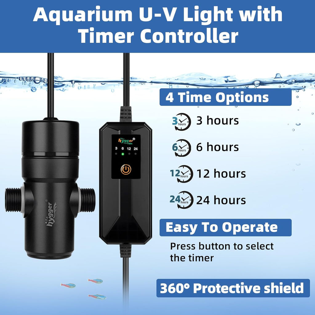 hygger Aquarium U-V Light with Timer, 360° Protective Shield Clean Light for Green Water Clean, Amphibian Aquarium Lamp Bulb for Freshwater Saltwater Fish Tank and Aquarium (5W, 10-40 Gallon)