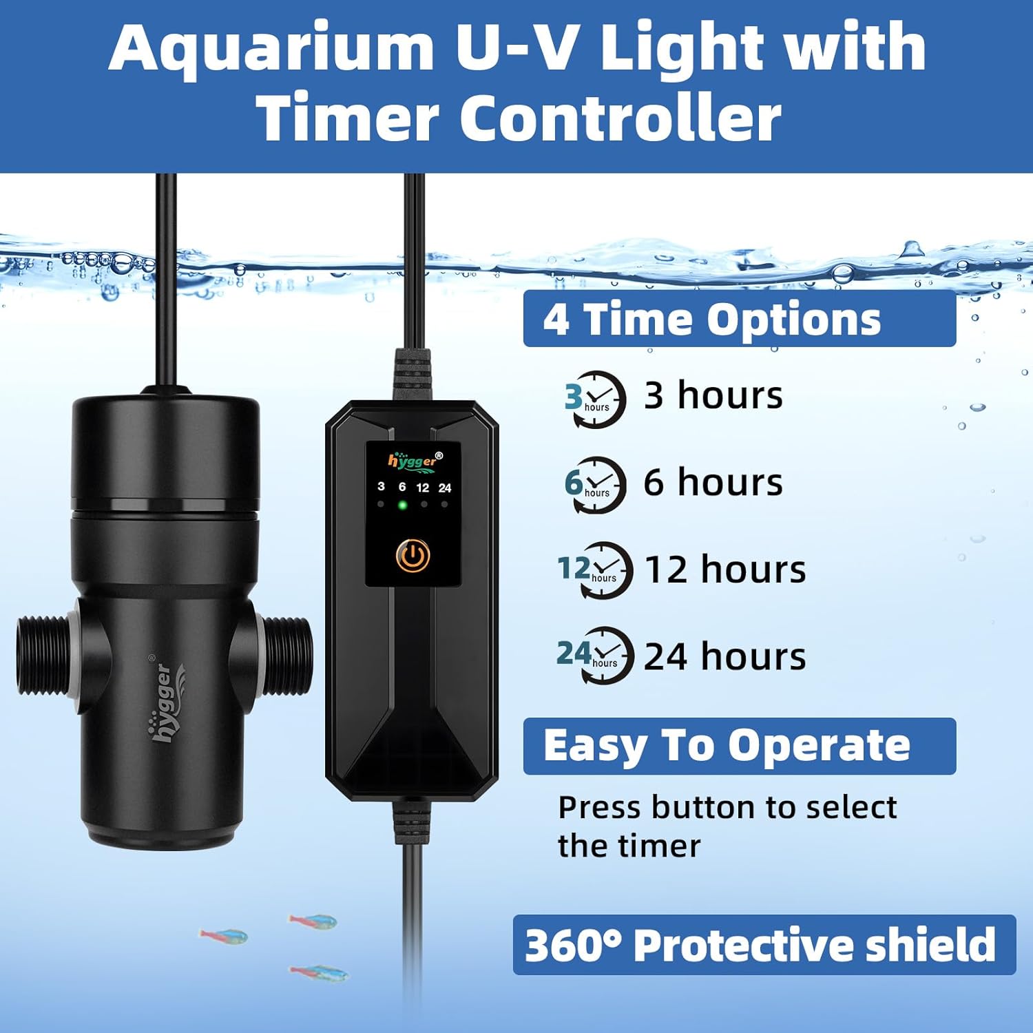 hygger Aquarium U-V Light with Timer, 360° Protective Shield Clean Light for Green Water Clean, Amphibian Aquarium Lamp Bulb for Freshwater Saltwater Fish Tank and Aquarium (5W, 10-40 Gallon)
