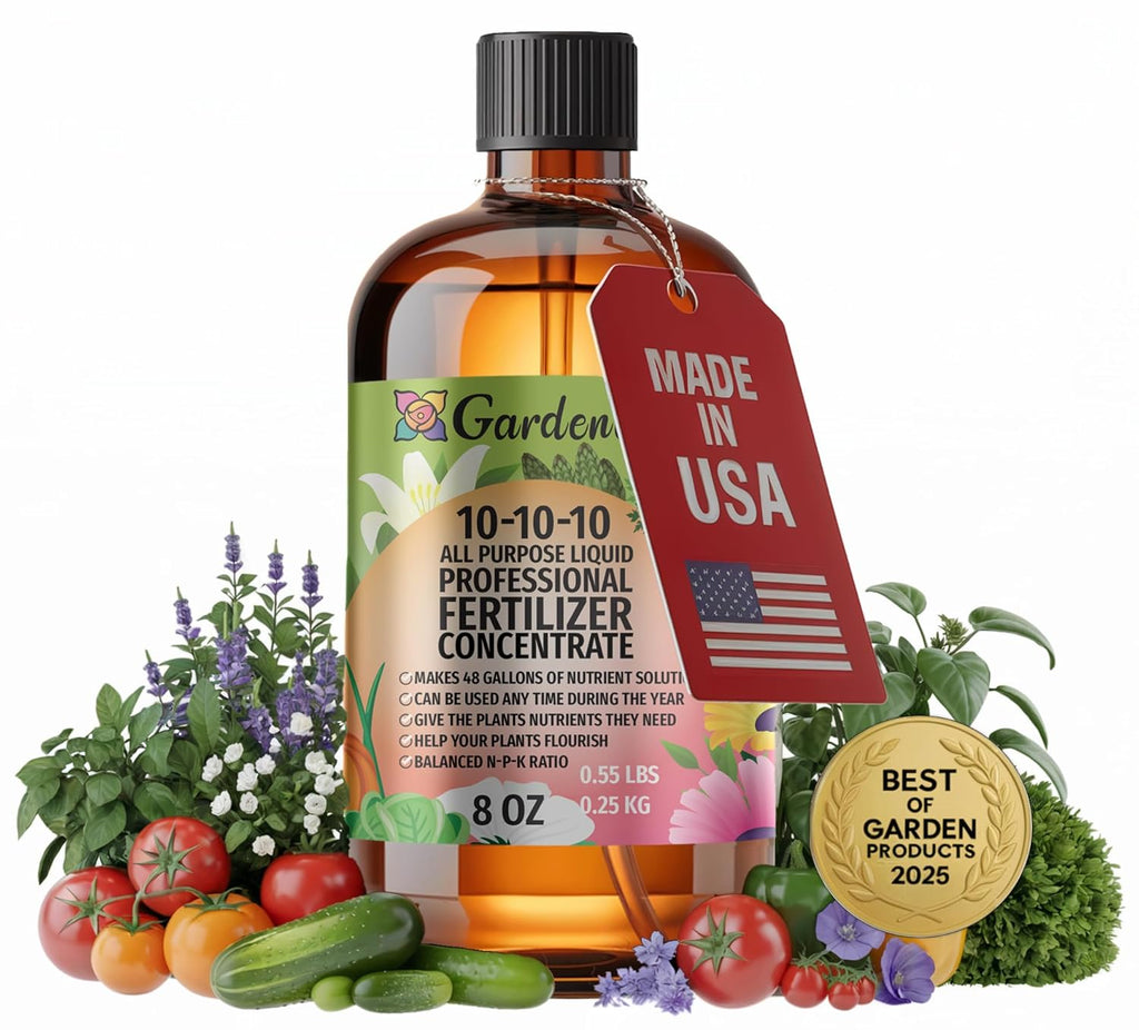 Gardenera Premium 10-10-10 All Purpose Liquid Plant Food - Professional Grade Garden Fertilizer Concentrate for Lawns, Trees, Plants, Vegetables, Fruits & Flowers - Makes 48 Gallons - (8 OZ)