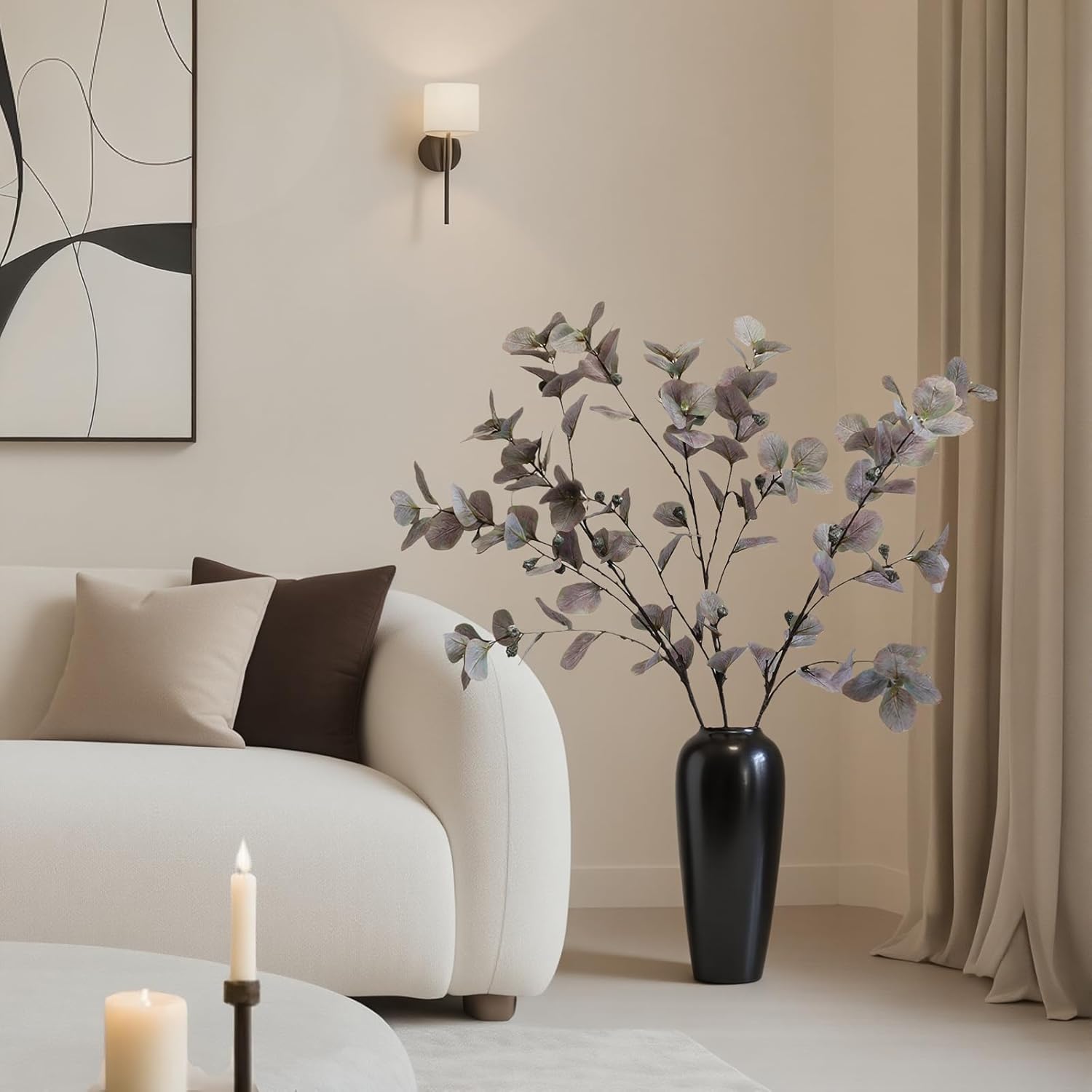 KBREE 41.3" Eucalyptus Stems, 3 Pcs Faux Eucalyptus with Seed Pods, Extra Long Stems Greenery Decor for Tall Vase, Home, Wedding & Office (Dusty Purple Green)