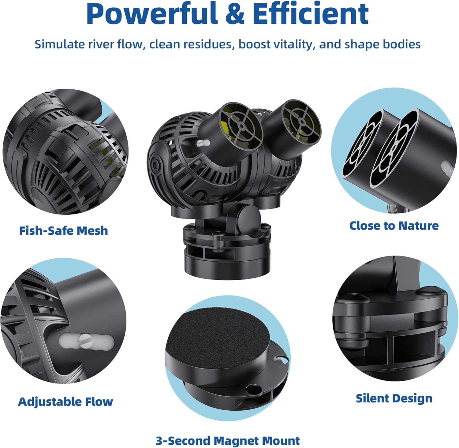 Aysoner Wave Maker Pump for Aquarium: 55/75/125Gallon Magnetic Fish Tank Powerhead for Saltwater Freshwater 1600GPH 8W Adjustable Pump for Fish