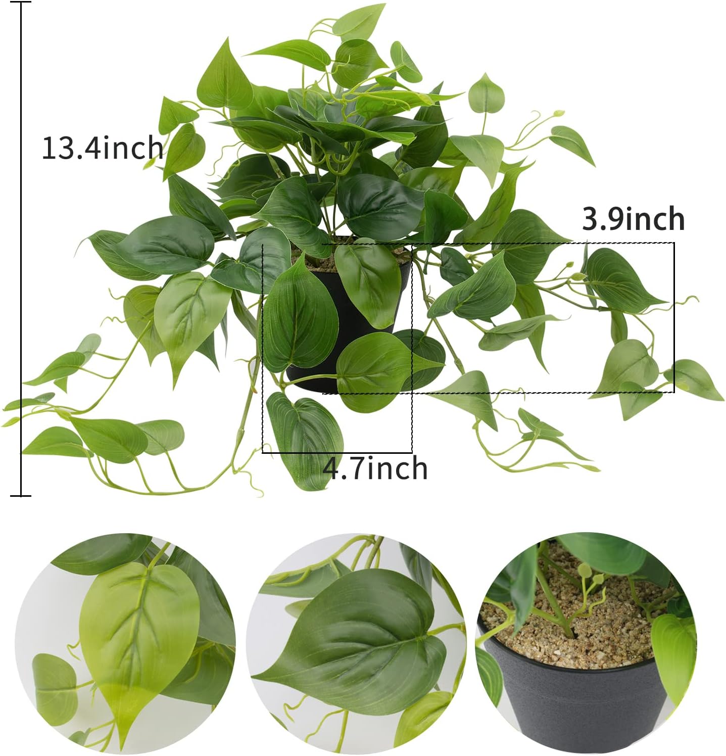 LOYWREE Artificial Scindapsus Aureus Fake Pothos Plants in Black Pots - Realistic Faux Indoor Greenery for Home, Office, Desk, Shelf, Living Room, Bedroom, Balcony, Patio & Garden Decor