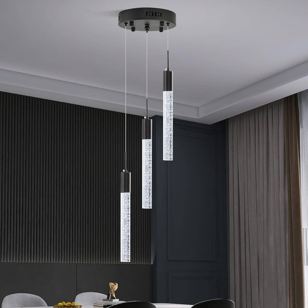 Modern Crystal Chandelier 3-Lights, Spiral LED Raindrop Kitchen Island Pendant Lighting, Bubble Foyer Dinimg Room Hanging Light Fixture Remote Control Black