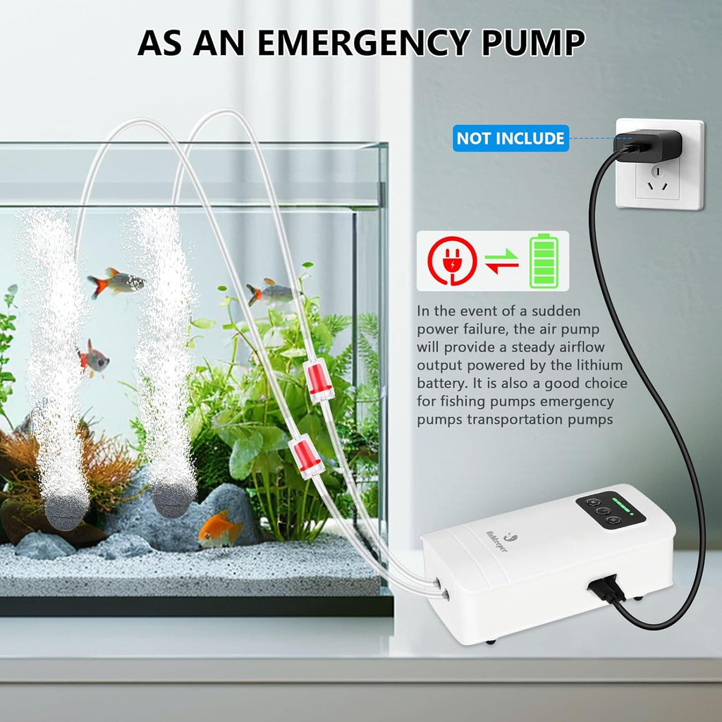 fishkeeper Battery Powered Aquarium Air Pump, USB Rechargeable Aerator Fish Tank Air Pump for 10-210 Gallons Portable Oxygen Pump for Outdoor Fishing, Power Outages and Emergency (6W 110GPH)