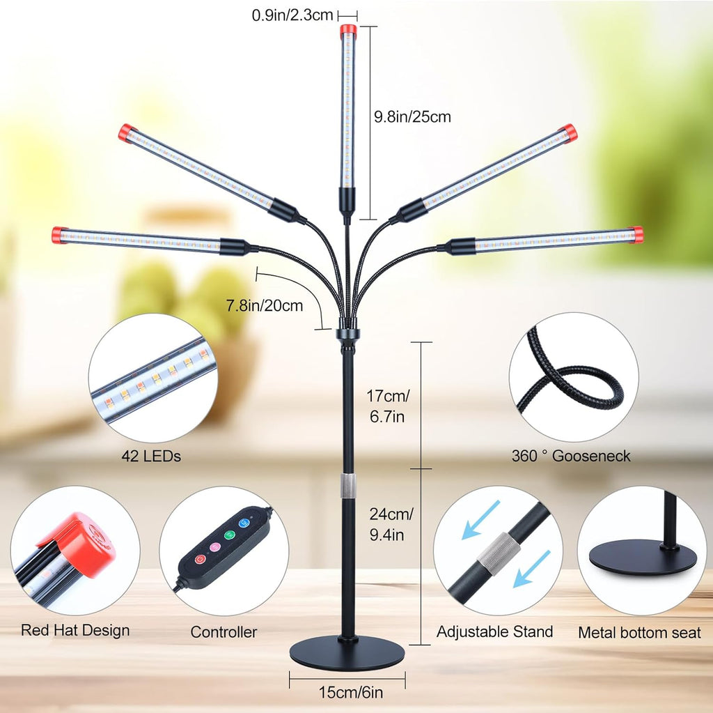 5-Head Table Top Grow Lights for Indoor Plants, Seed Starting, Bonsai with Timer, 45W Power Home Plug, FECiDA 2025 Full Spectrum Plant Growing Lamps, 16"-24" Height Adjustable