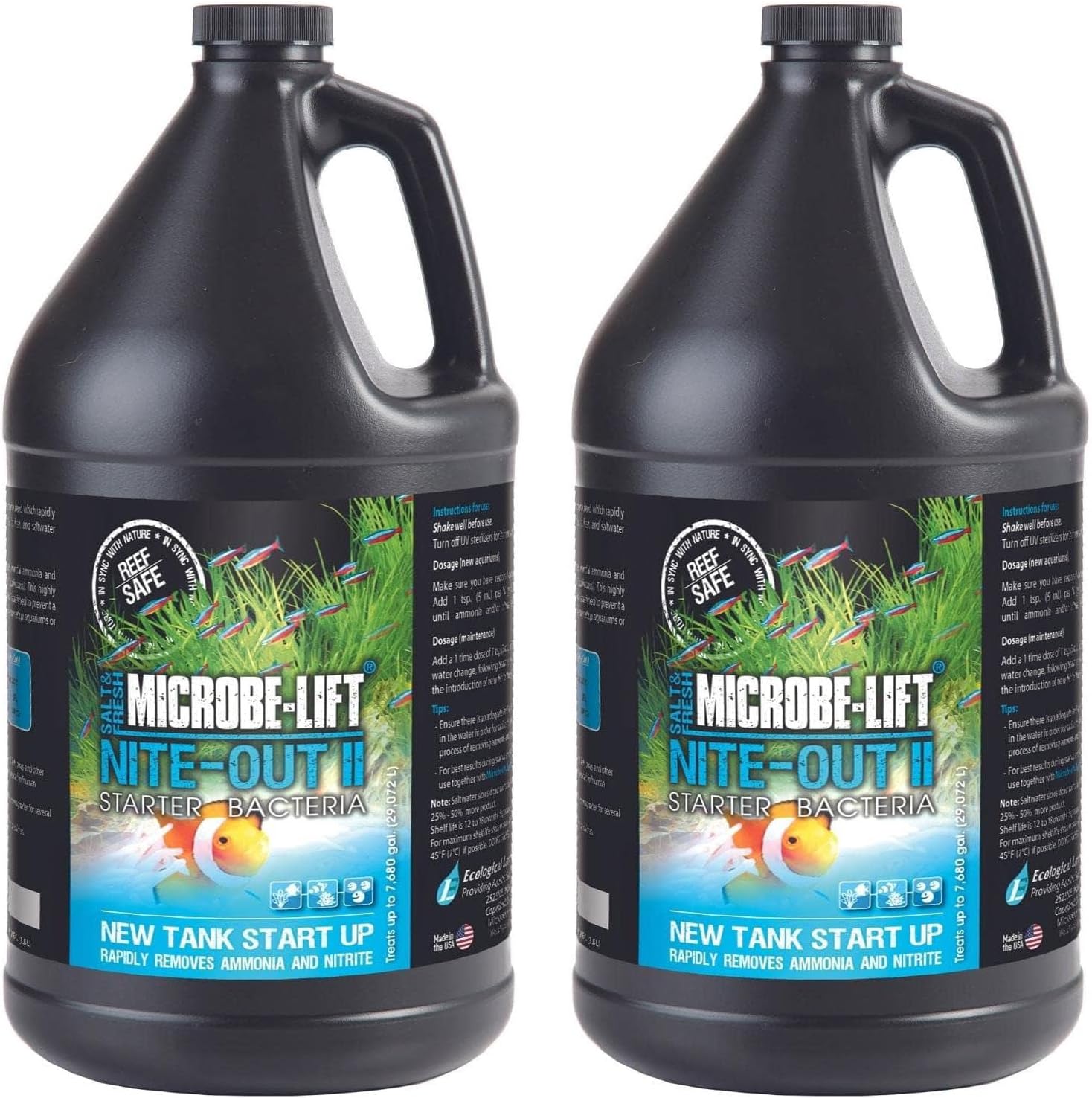 MICROBE-LIFT Nite-Out II Aquarium Bacteria for Start-up, Instantly Cycle Aquariums, Add Fish on Day 1, Rapid Ammonia and Nitrite Reducer for Freshwater & Saltwater Fish Tank, 1 Gallon 2-Pack