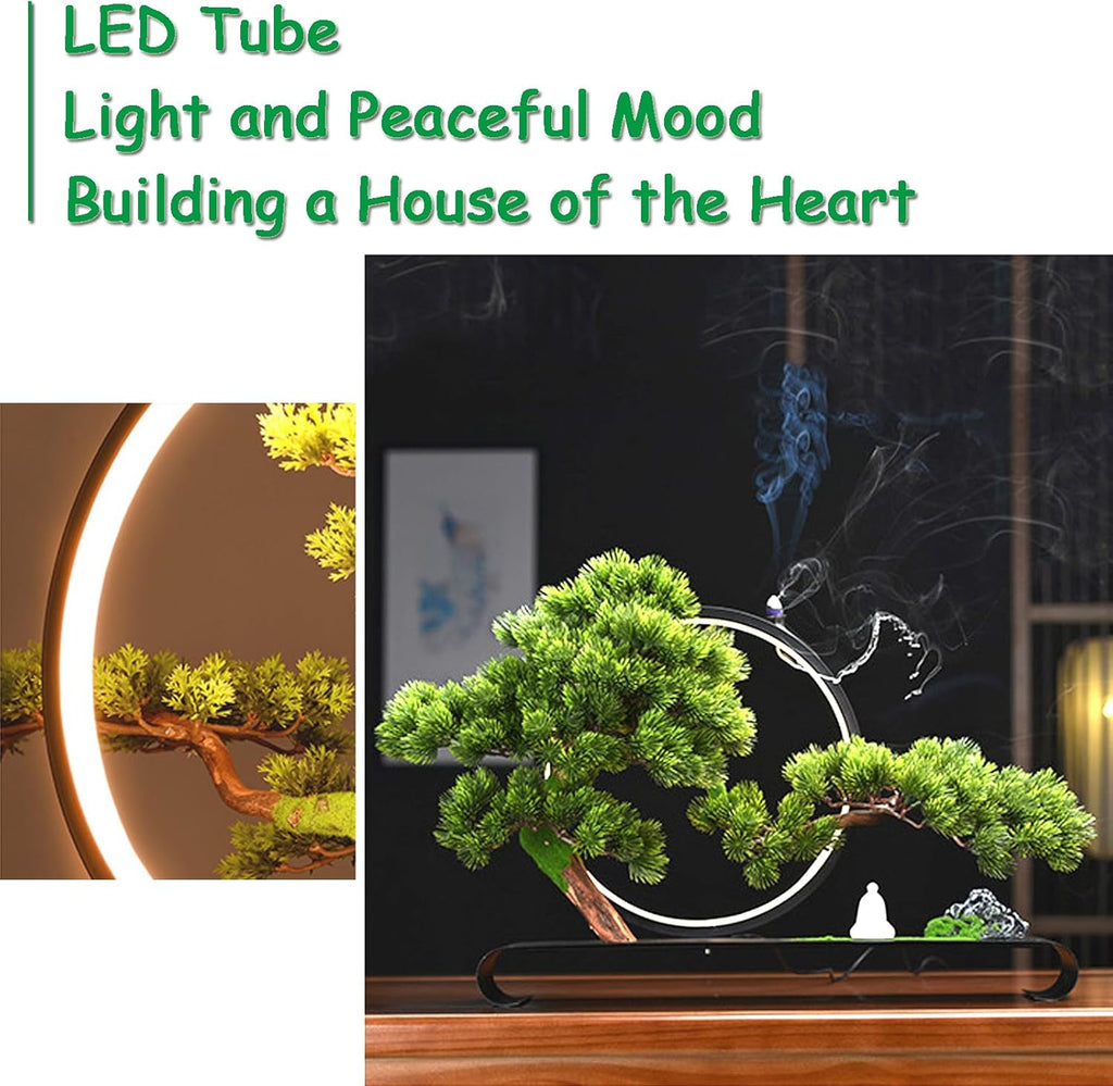 Fake Bonsai Tree Decor with Lamp Rings, Realistic Artificial Bonsai Tree, Welcome Pine Faux Potted with Backflow Incense, Bonsai Artificial for Home Office Garden Patio Farmhouse Decoration (Pines)