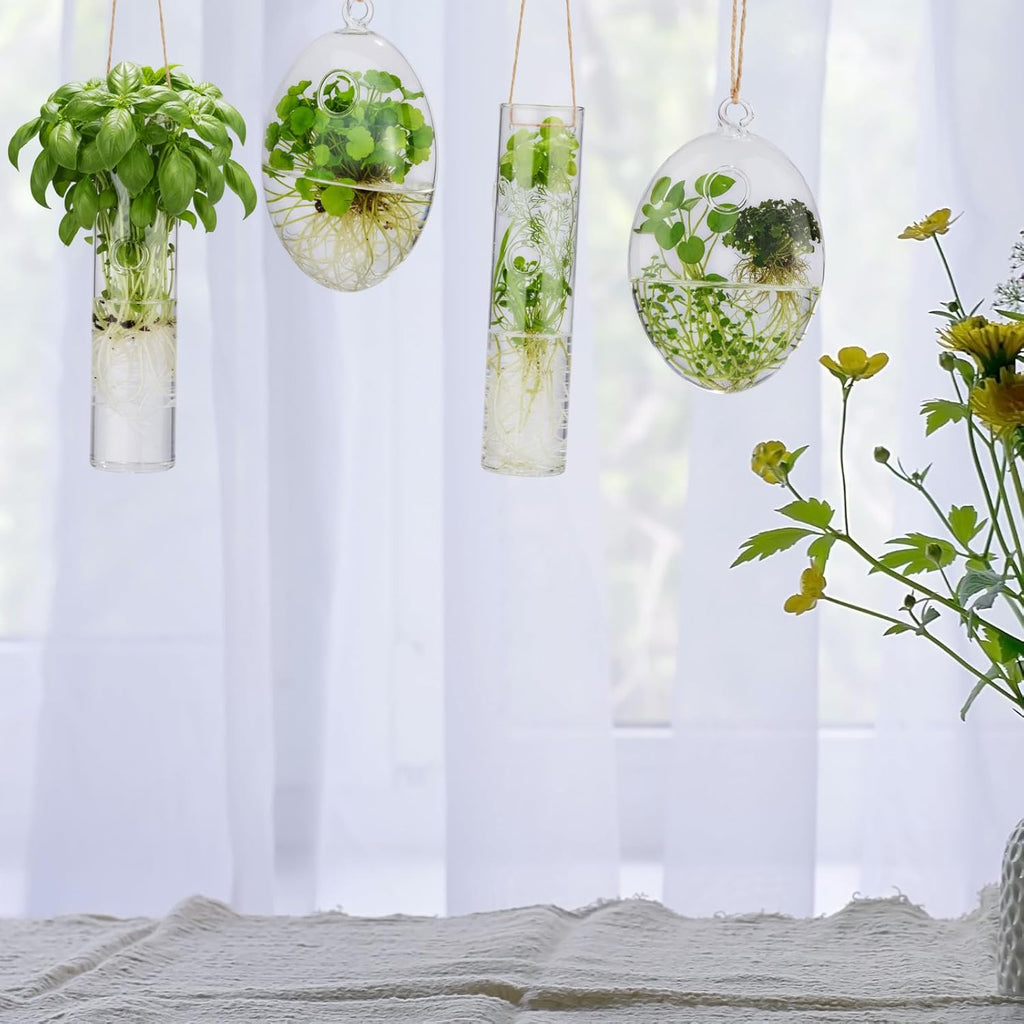 Zopeal 6 Sets Wall Hanging Glass Planter Greenhouse Terrarium Propagation Station Wall Vase Container Watering Squeeze Bottle with Rope and Hook for Hydroponic Plants Flower Home Decor (Elegant Style)