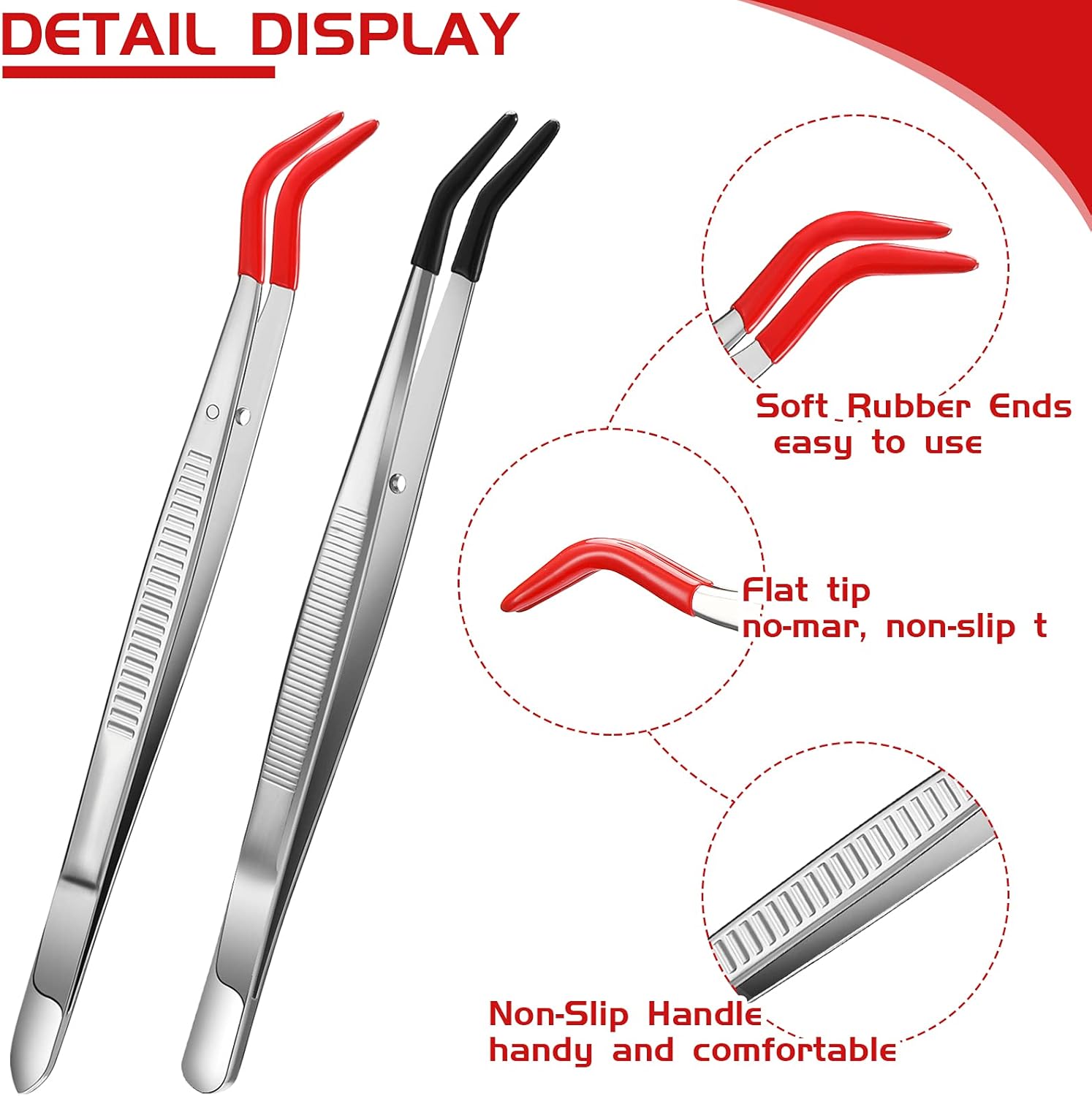 Honoson 2 Pieces Tweezers Curved Bent Tip Tweezers with Rubber Silicone Tips PVC Coated Non Marring Soft Long Rubber Stainless Steel Tools for Jewelry Crafts(Red, Black)