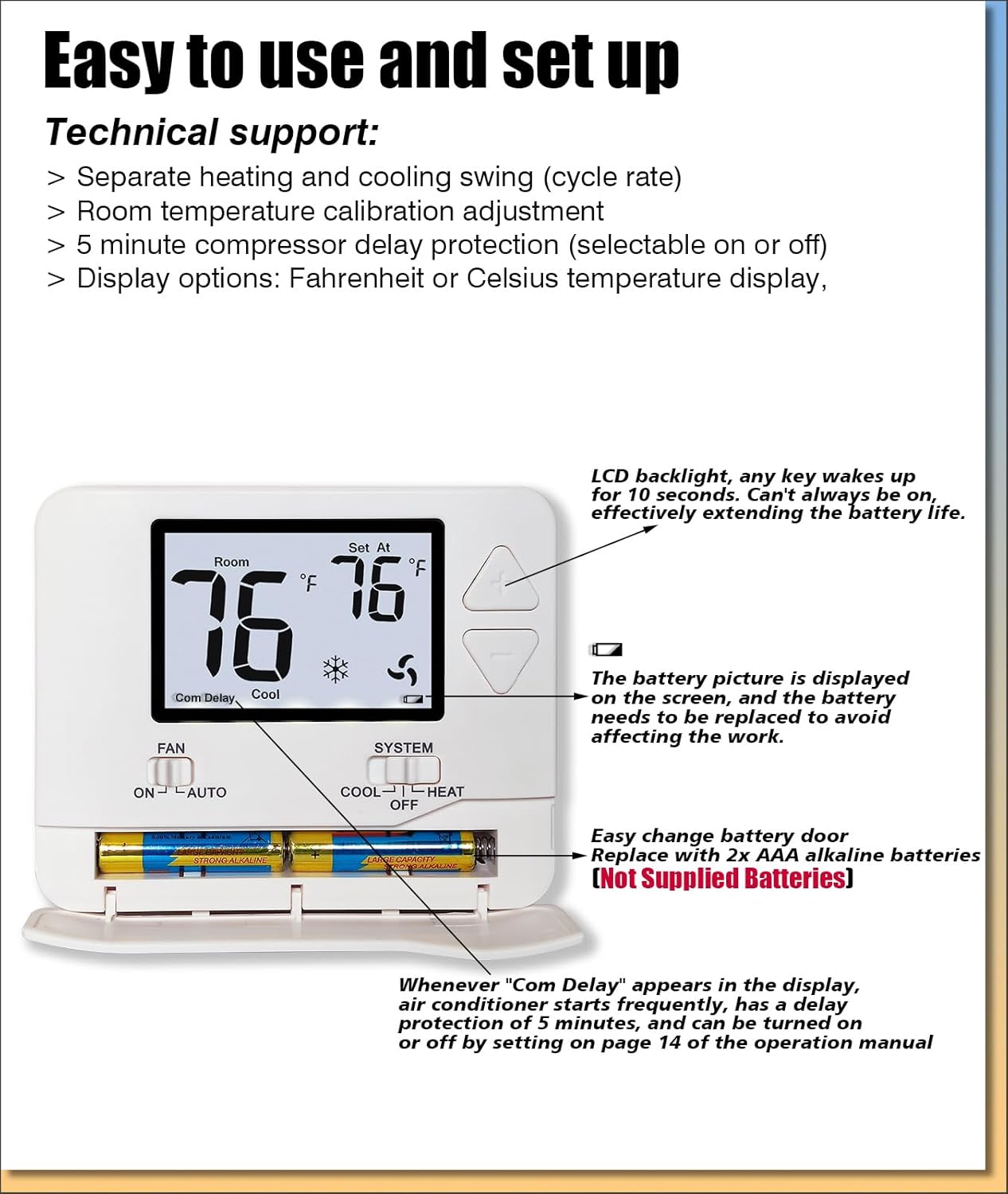 Non Programmable Thermostat, Single-Stage 1 Heat 1 Cool, Simple Digital Thermostats for Home