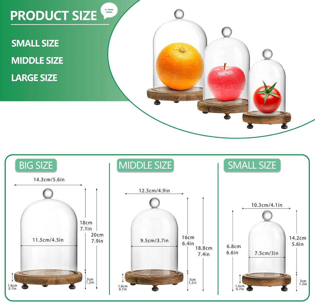 ZEERSHEE Set of 3 Glass Bell Shape Dome with Wooden Base(4.5''/3.7''/3''), Clear Decorative Glass Dustproof Dome with Handle for Home Party Wedding Decor